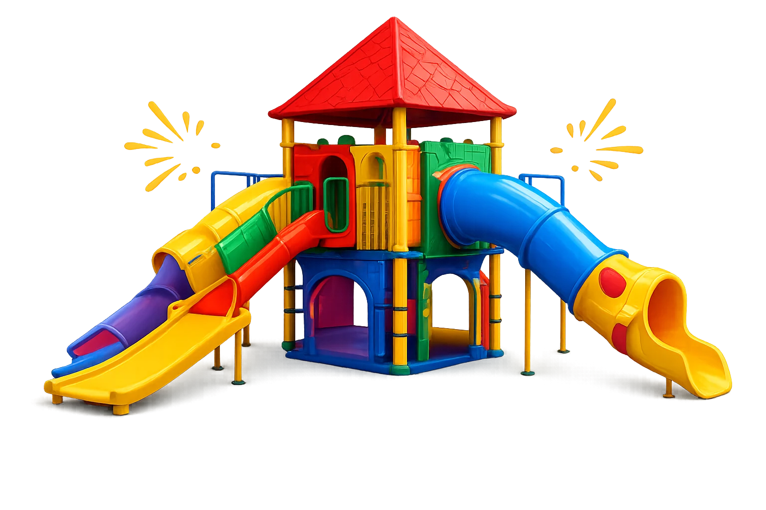 Playground colorido com escorregadores e torre
